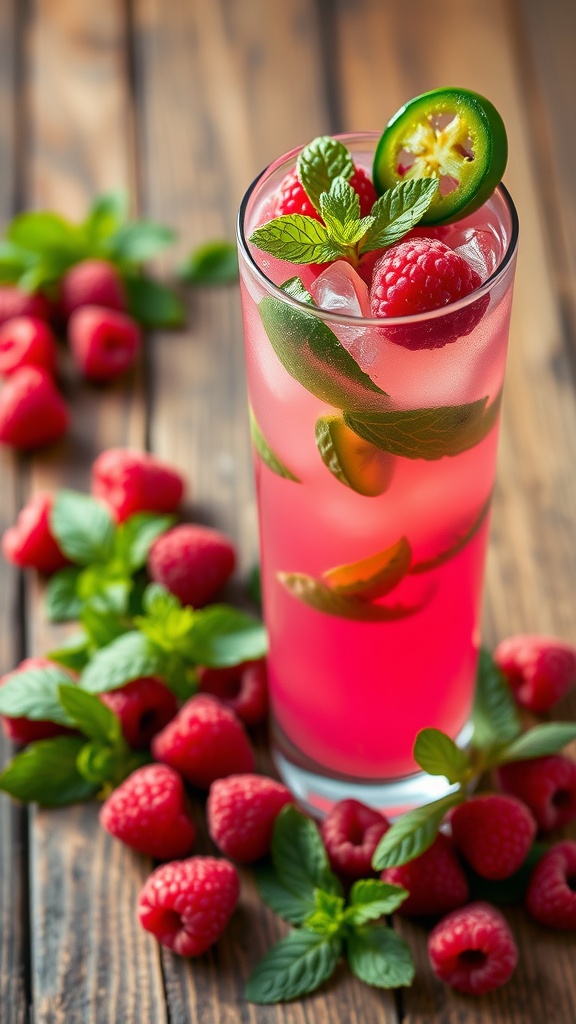 A refreshing spicy raspberry mojito cocktail with raspberries and mint on a wooden table.
